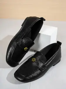 French Vintage Style Single Shoe, Square Toe Slip-On Design, PU Leather Upper, Rubber Sole, All Seasons, Office & Daily Wear, Women Flat Walking Shoes