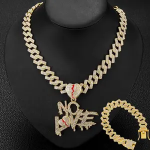 Three-piece NO LOVE letter pendant necklace and Cuban bracelet set - Distracted letter pendant necklace for men and women, fashionable hip-hop Cuban necklace, stylish and versatile.