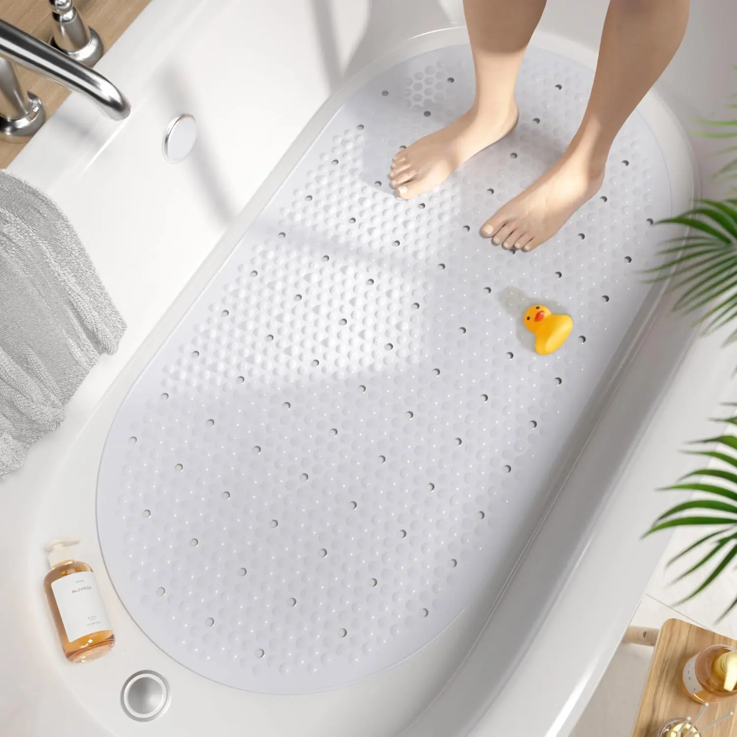 Non Slip Mat, 27x15 Inch Bath Mat for Tub with Suction Cups and Drainage Holes, Machine Washable Oval Shower Mat for Kids, Seniors and Daily Use, Phthalate Free PVC, White