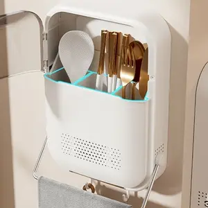 Wall-Mounted Kitchen Chopstick Storage Box with 2 Hooks, No Drilling Required, Drainage Design, Plastic Organizer for Spoons and Forks