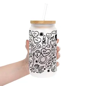 Tiny Tattoos Black Version Glass Tumbler with Lid & Plastic and Glass Straws