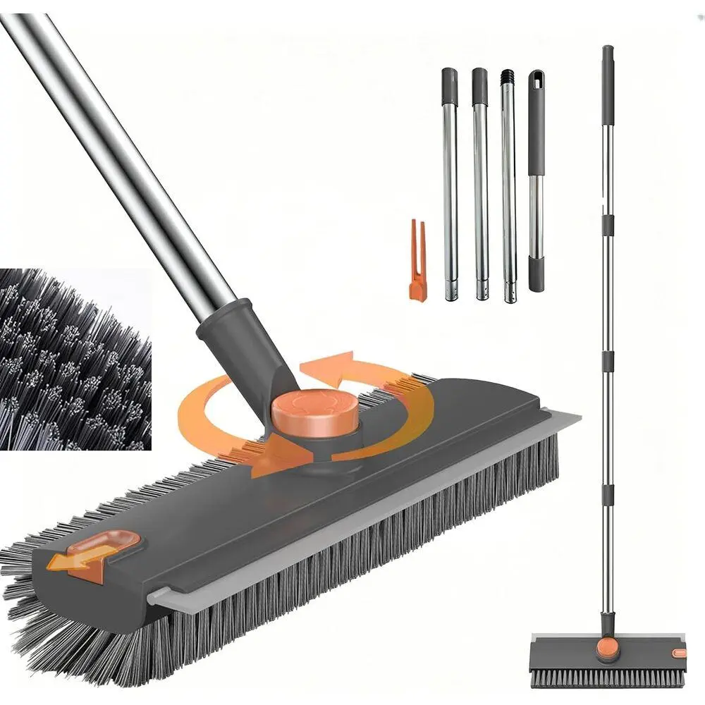 Multi-Task All-In-One Long Rod Floor Scrub Brush Flexible Retractable Stainless Steel Pole 360 Spin Hard Rigid Bristles Silicone Squeegee, Fits Tile Concrete Glass Grey White Home Residential Floor Cleaning Broom Grey-Orange
