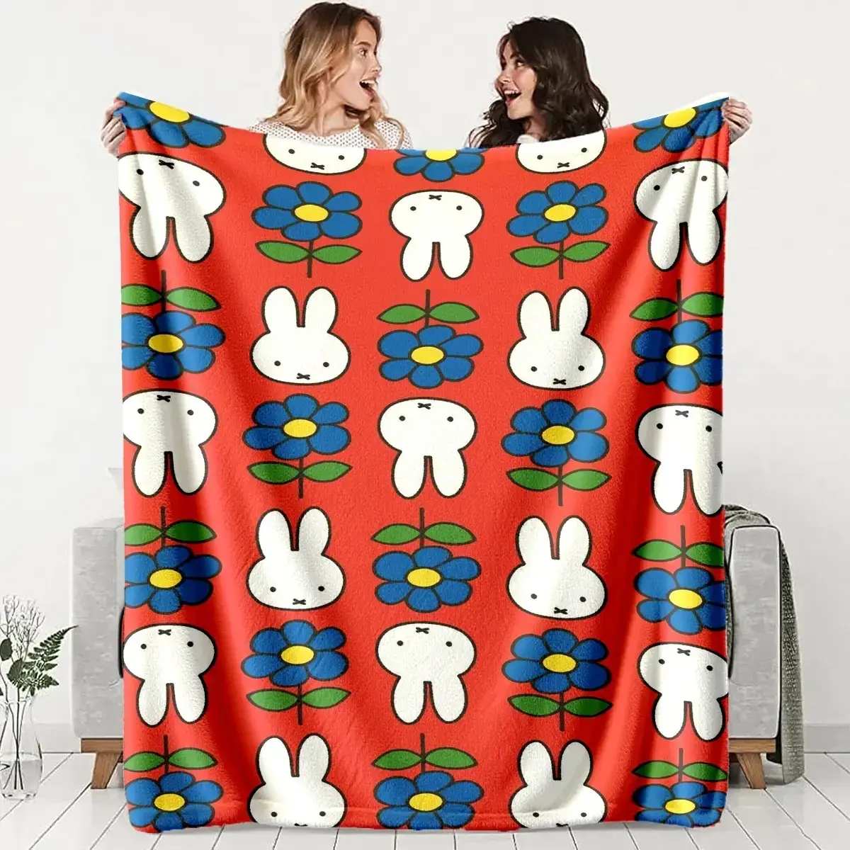 Miffy Rabbit Fluffy Fabric Throw BlanketSoft Warm Anti‑Pilling Durable Machine Washable All‑Season Bedding, Perfect for Napping Camping & Travel‑Lover Gift