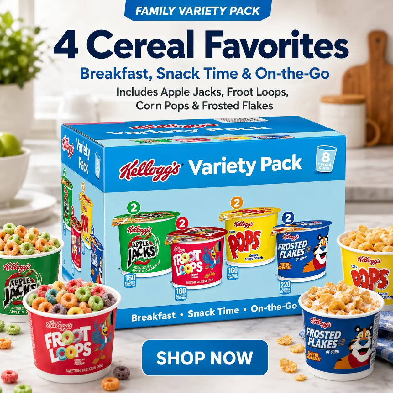 Kellogg's Breakfast Cereal Variety Pack - Frosted Flakes, Froot Loops, Apple Jacks, Corn Pops Snack, 13.2 oz Box (8 Cups)