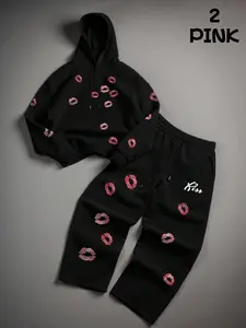 Men's Fleece Hoodie & Wide Leg Pants Set, Lip Print, Casual Fall Winter, Comfortable Fashion Design