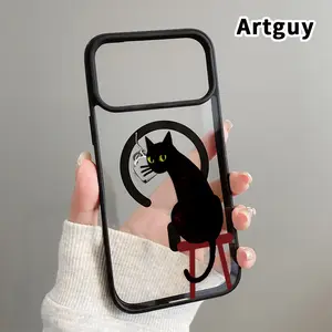 Magnetic Soft Case for iPhone 17 16  Pro Max Plus 15 14 13 12 11 Air E Black Cat Muse Pattern Anti-Yellowing Shockproof ultra-thin Silicone Crystal Transparent Acrylic Cover Supports Wireless Charging