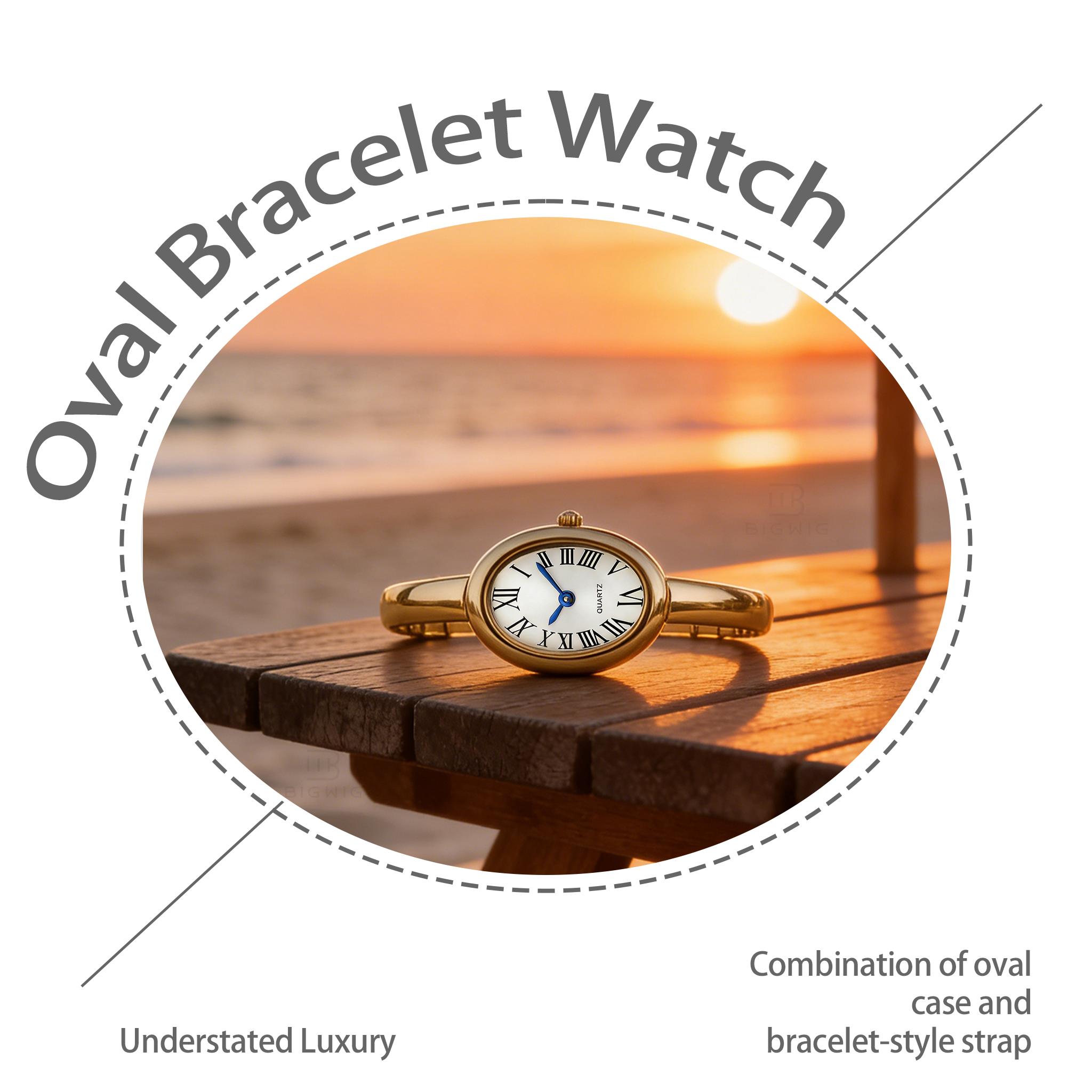 [Mother's Day Gift] Dainty Gold Cuff Watch - Elegant Oval Dial Quartz Watch For Women Waterproof - Retro Style Fashion Bracelet Wristwatch Birthday Gift For Her