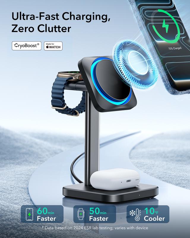 ESR for MagSafe Charger Stand, 3 in 1 Charging Station with CryoBoost, Phone-Cooling Wireless Charging, 15W MagSafe Stand, for iPhone 17/16/15/14/13/12, AirPods, Apple Watch