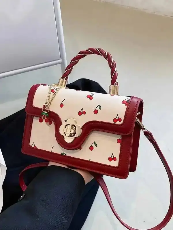 Colorblock Cherry Pattern Contrast Binding Design Handbag with Cherry Charm, Fashion Twist Design Top Handle Satchel Bag for Daily Use Zipper Closure Elegant Purse Straw Trendy Look Wallet Vintage Faux Leather Canvas Y2K