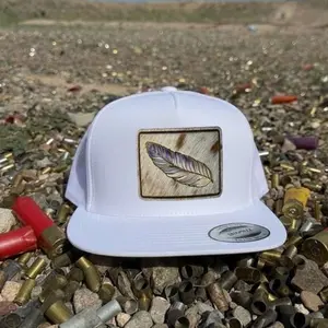 Feather Cowhide Hat, Leather Patch Trucker Hat, Western Style Snapback, Cowhide Patch Hat, Rustic Ranch Hat Gift For Him, Gift For Her