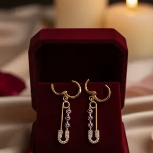 Female Fashion Earrings, 18K Gold Plated Red Evil Eye Stud Earrings with Safety Pin Design Rhinestones, 4 cm Length for Protection and Style