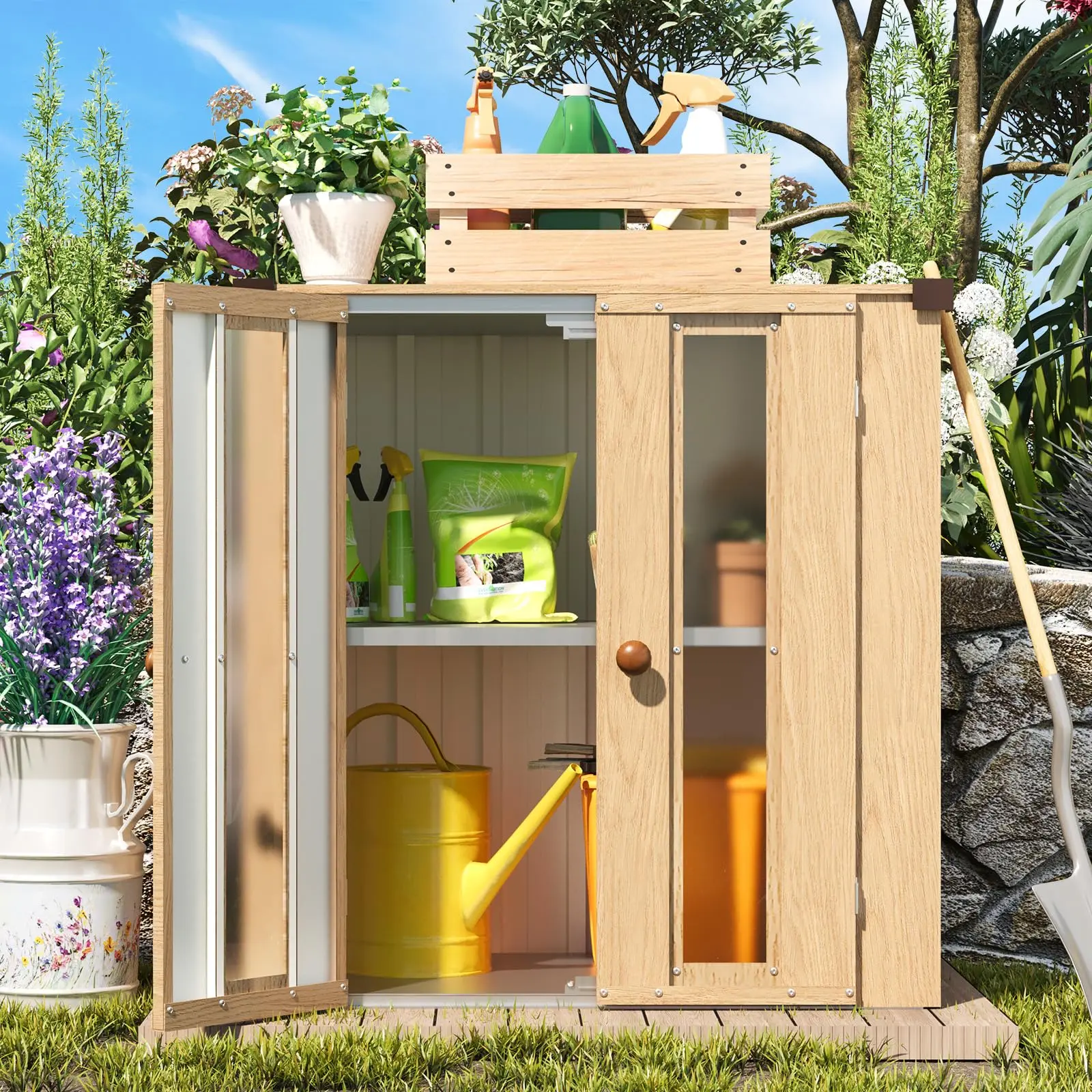 YODOLLA Small Outdoor Storage Cabinet Waterproof with Shelves, Deck Box, Vertical Garden Storage Sheds,Weatherproof for Patio Wood Grain