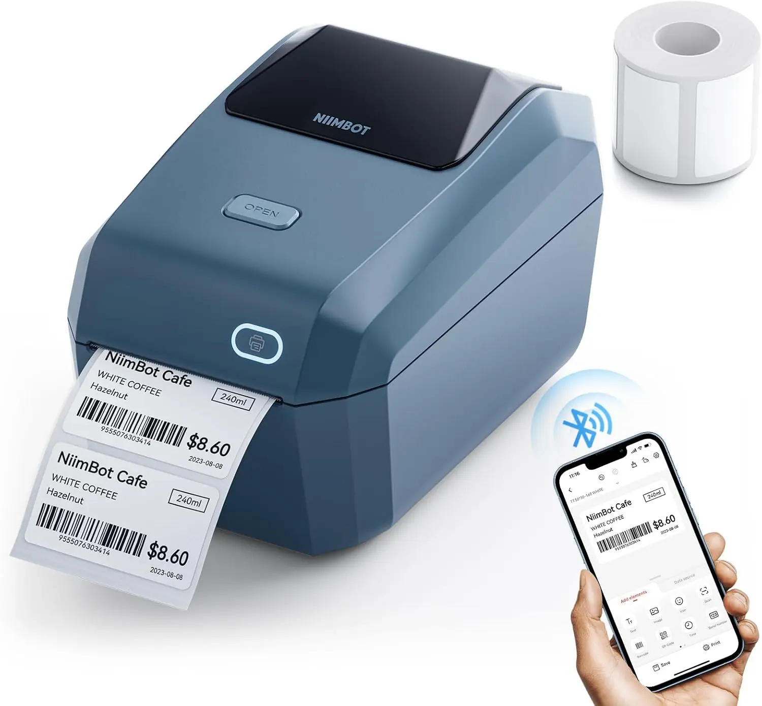 NIIMBOT K3 Desktop Label Printer, 3 Inch,180mm/s High Speed, Blue | Support Bluetooth and USB Connection, Come with 1 Roll Tapes, Thermal Label Maker for Small Business and Home Office