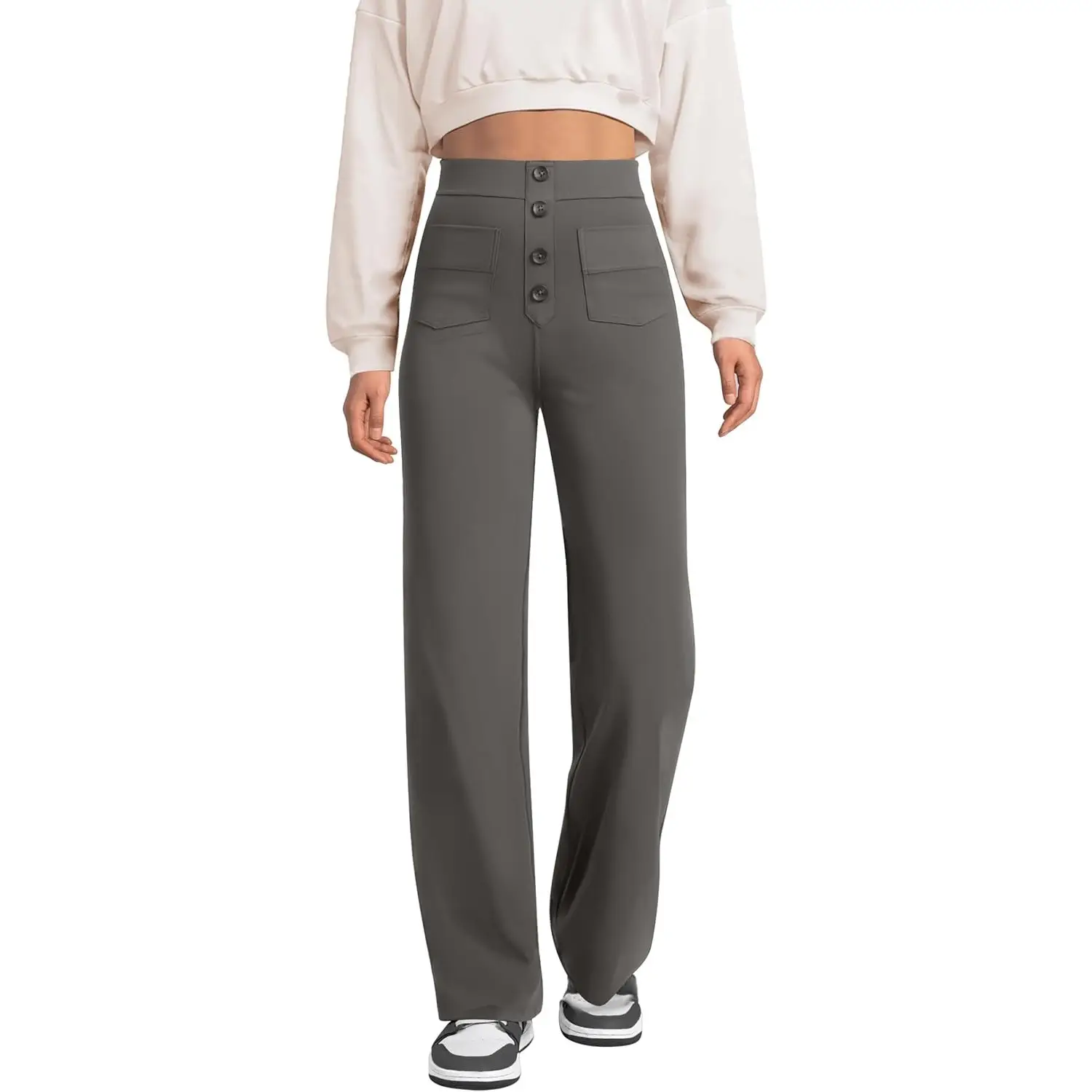 JEKAOYI Women's Straight Leg Pants High Waisted Button Stretchy Business Work Casual Trousers Multiple Pockets