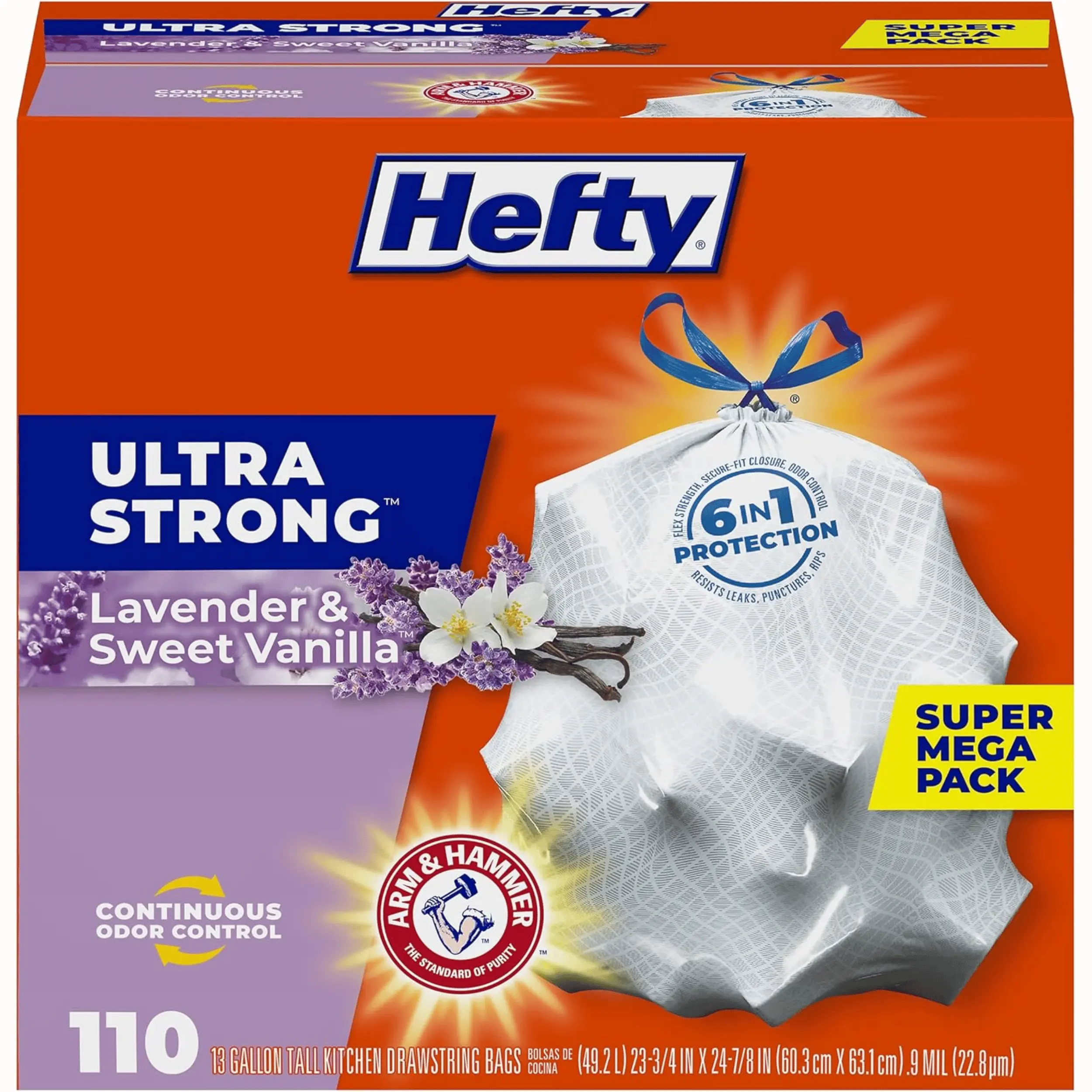 Ultra Strong 13 Gallon Kitchen Trash Bags 110 Drawstring Garbage Bags with Odor Control, Leak Resistant Tall Trash Bags for Kitchen & Home, Lavender and Sweet Vanilla Scent, White