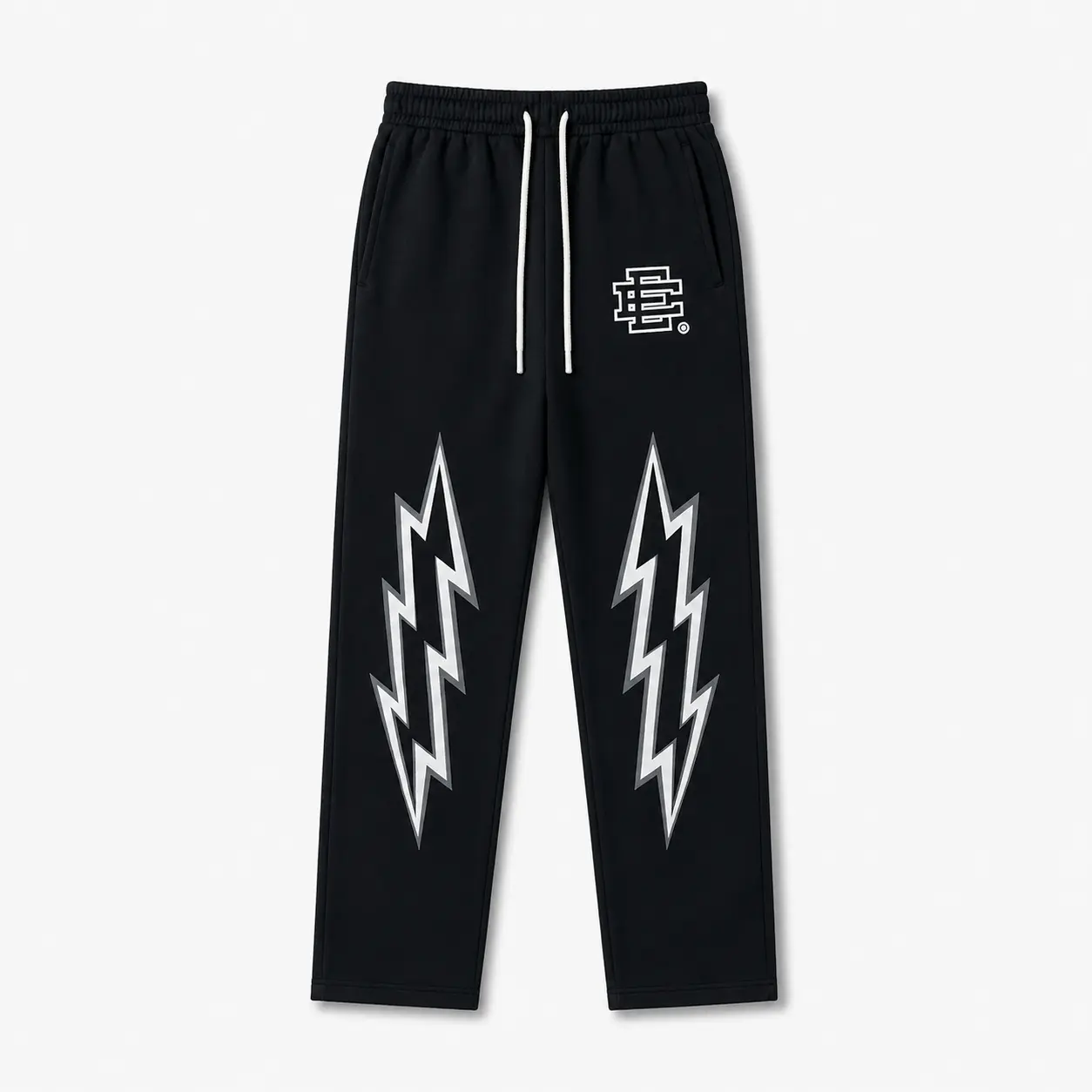 Eric Emanuel Men’s Black Bolt Sweatpants, Graphic Straight Leg Streetwear Pants, Relaxed Athletic Joggers with Elastic Waist