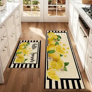 2Pcs striped lemon floor mat set, farmhouse kitchen carpet, restaurant floor, laundry room decoration carpet mat