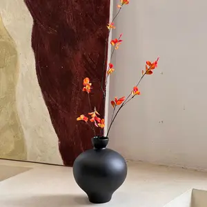 Minimalist Matte Black Round Vase – Japanese Wabi-Sabi Style Ceramic Flower Vase for Modern Home Decor, Elegant Centerpiece for Living Room, Dining Table & Office Display