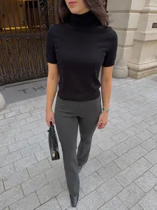 Spring Summer Basic Essential High Neck Short Sleeve Knit Sweater, Soft Texture Inner Layer, Casual Style, Women's Fashion Top