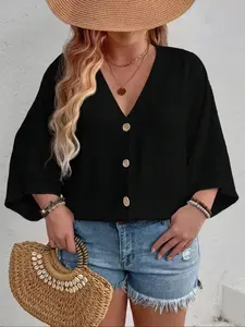 Plus Size Women's Blouse Shirt V Neck Design Casual Commute Fashion Versatile, Spring & Fall Fitted Plain Style, Daily Wear