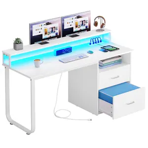 Yitahome Computer Desk with Drawers, 55" Office Desk with Power Outlets & LED Light, Home Office Desk with Storage Shelves