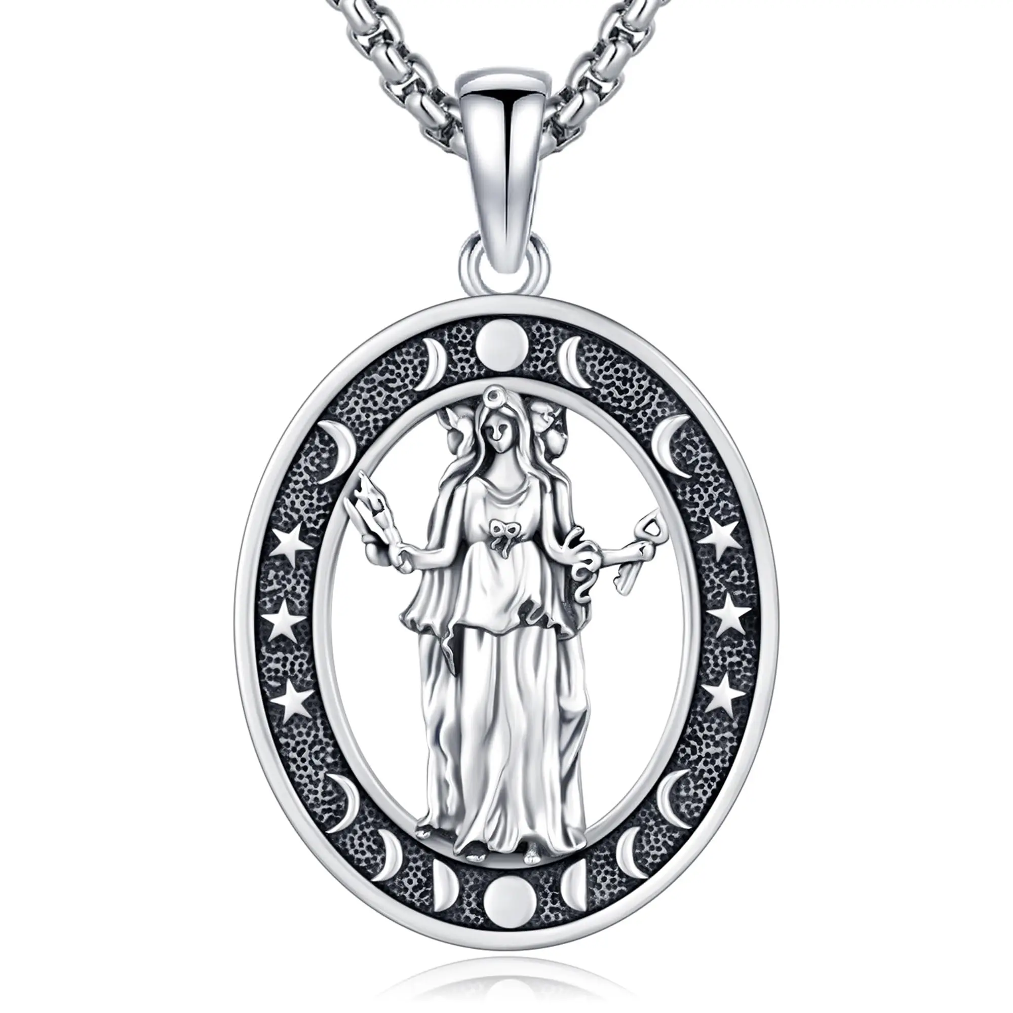DRINSPER Hecate Necklace 925 Sterling Silver Triple Moon Goddess Wiccan Jewelry Greek Mythology Witchcraft Goddess Pagan Necklace for Women, The Moon Necklace, Necklace Chain