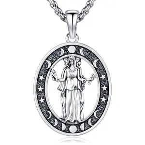 DRINSPER Hecate Necklace 925 Sterling Silver Triple Moon Goddess Wiccan Jewelry Greek Mythology Witchcraft Goddess Pagan Necklace for Women