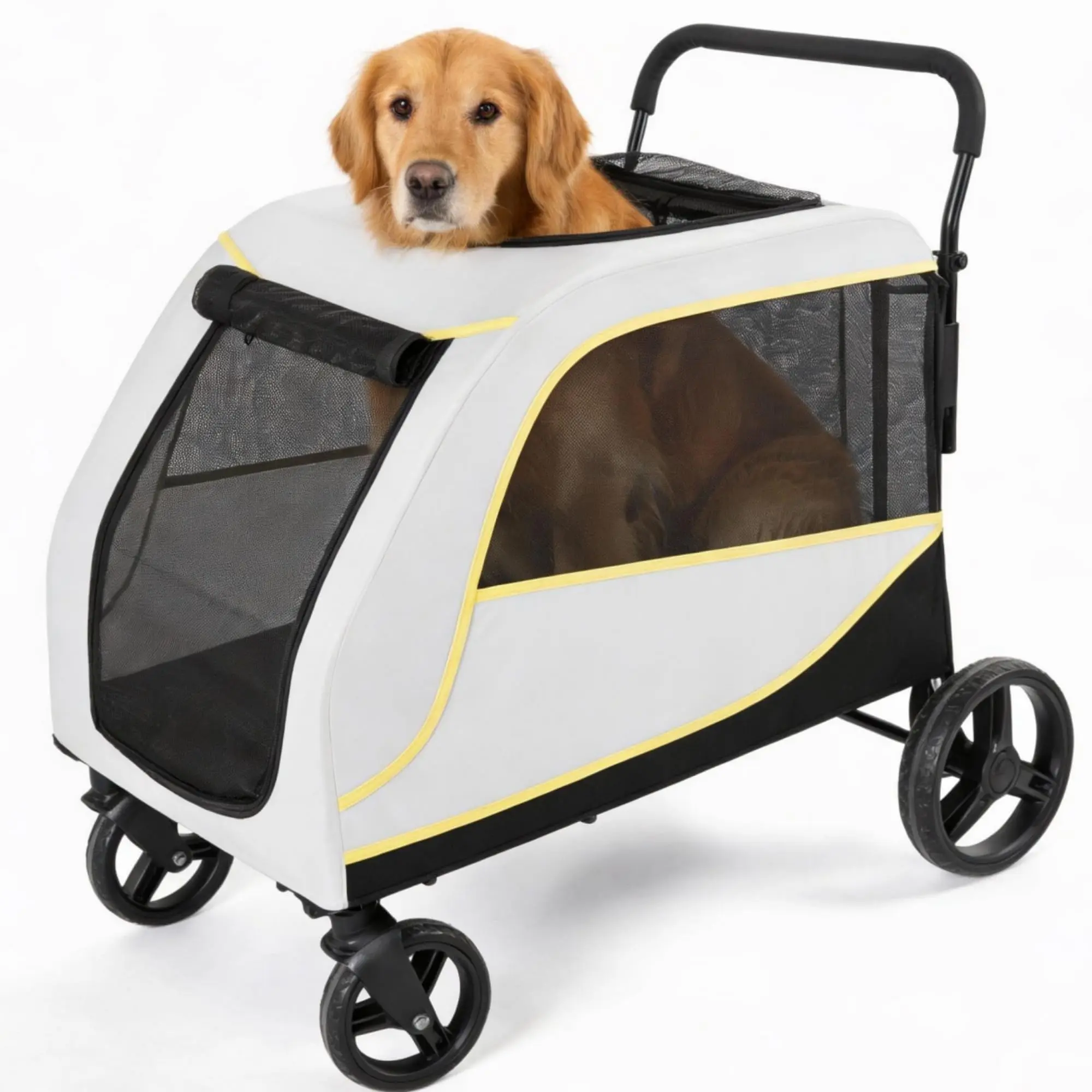 Garvee Foldable Pet Stroller for Dogs and Cats, Supports Up to 60 kg, Equipped with 4 Wheels Featuring Double Brakes, Safety Leash, Front and Rear Doors, Cushion, Pockets, and Durable Construction