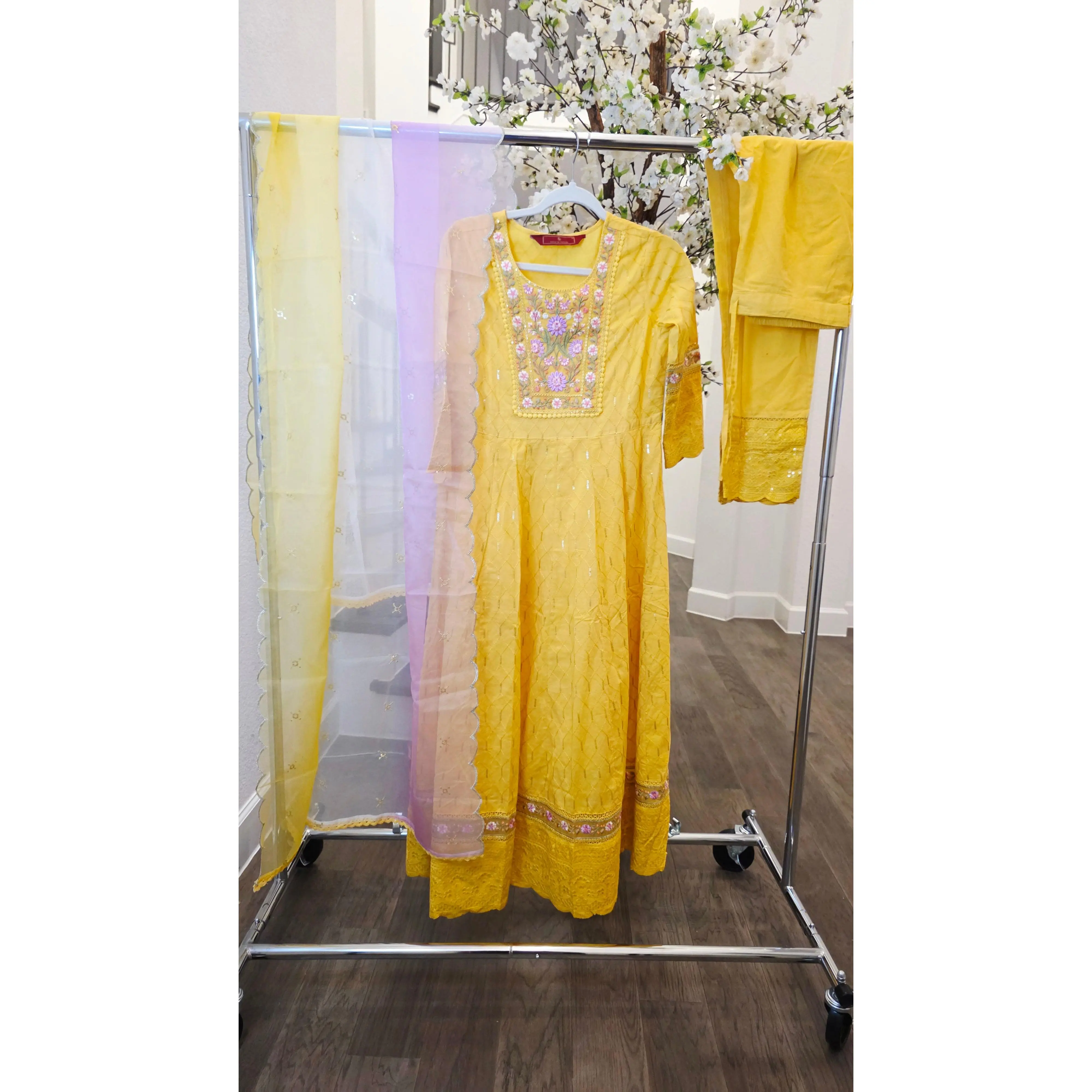 Reyavogue Women's Mango yellow sequin Kurti Set With Pant and 3D Dyed Ombre Dupatta