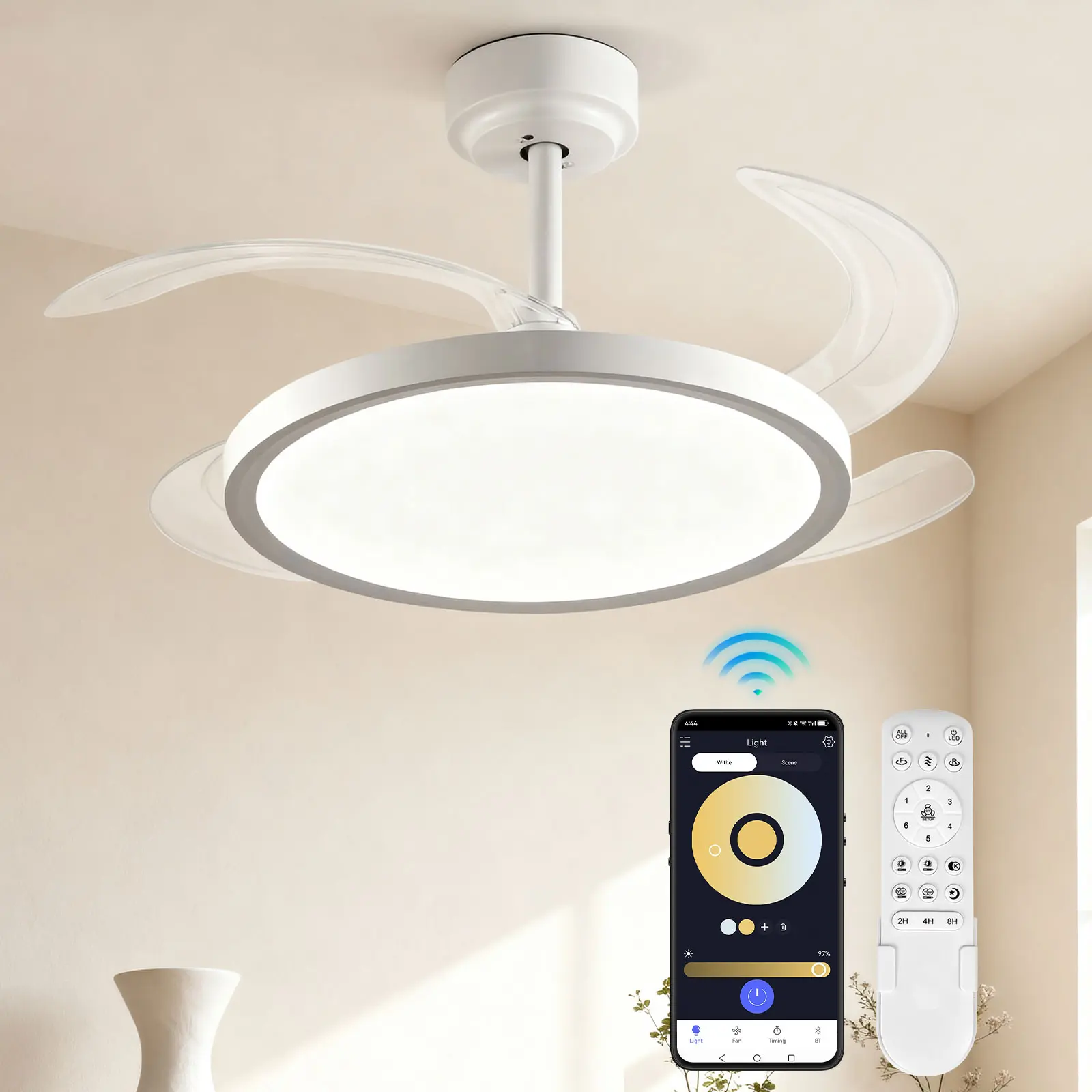 SUPERSHINX 42-Inch Modern Smart Ceiling Fan with Slim Retractable Flush Mount, Transparent Dimmable Full Spectrum Color Changing Bulbs, APP & Remote Control, Memory Function, 6-Speed Reversible Indoor Lighting Fixture
