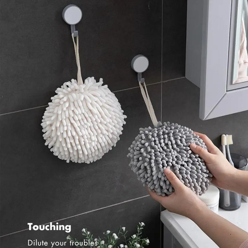 Hanging Hand Towel Hangable Kitchen Bathroom Accessories Soft Plush Hanging Towel Quick-Drying Towel For Dry Hands Wipe Towels Ball