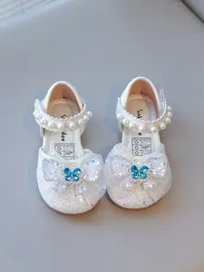 Girls' Sparkling Butterfly Pearl Mary Jane Princess Shoes, Easy Wear Magic Tape, Anti-Slip Soft Sole, Round Toe, Perfect for School & Parties