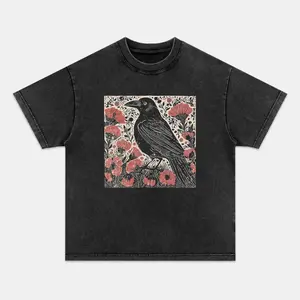 Folk Art Crow T-shirt, Unisex Vintage Crew Neck Regular Fit Cotton Fabric Casual Comfort Breathable Short Sleeve Funny T-shirts Fashion Men&Women's Top for Streetwear 090302