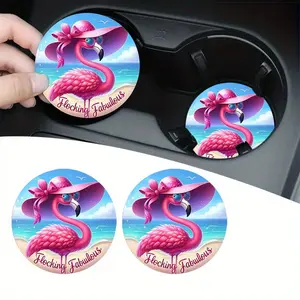 2pcs Seaside Bliss, Flamingo Beach-Themed Car Coasters - 2.75" EVA, Perfect for Cup Holders & Dining Table Decor, Ideal Summer Accessory, Car Interior Accessory, Car Accessories & Party Gift