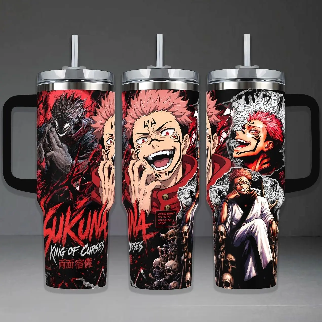 Anime King of Curses Inspired Tumbler 20oz 30oz 40oz | Stainless Steel Vacuum Insulated Travel Mug with Handle & Straw | Dark Anime Graphic Cup | Gift for Anime Fans