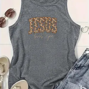 Women's Sleeveless Soft Spandex Fabric Casual Leopard Print "Jesus Loves You" Graphic Tank Top,summervibes