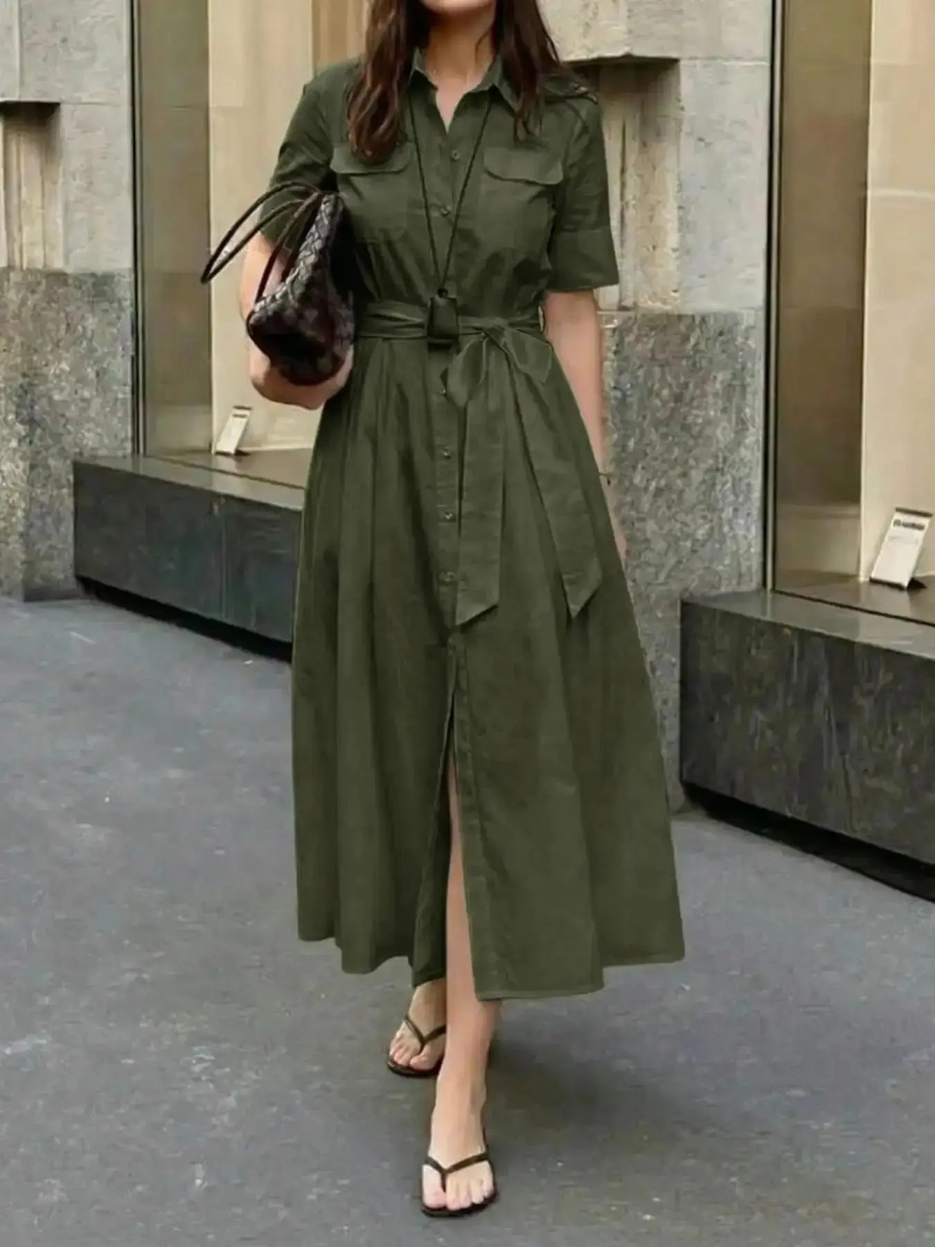 Simple Casual Lapel Short-Sleeve Belted Midi Dress, Slim-Fitting Plain Design, Women's Fashionable Summer Wear, Elegant Daywear for Women evening dress chic look elevated basics street style