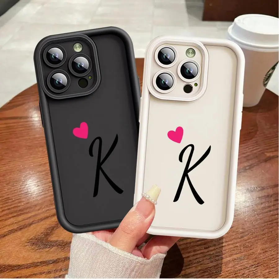 Initial Letter K Love Heart Pattern TPU Soft Phone Case For IPhone 17 16 15 14 Pro Max 13 12 Mini 11 X XS Plus Shockproof Non Slip Military-Grade Protection Silicone Cover Protective Smartphone, Unique Gift Option