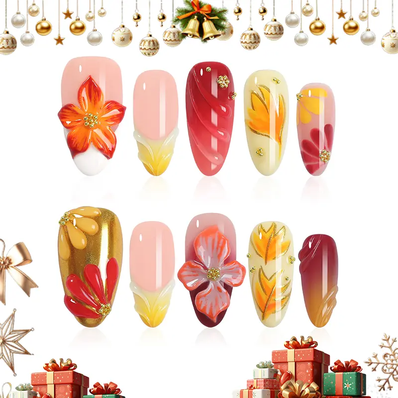 Autumn winter holiday acrylic press-On nail – Handmade Armored Nail Art with maple leaf design, 3D flower motifs, gold foil, unique almond shape, reusable salon quality fake nails for fashionable woman nail decor , impress holiday design press-on gift