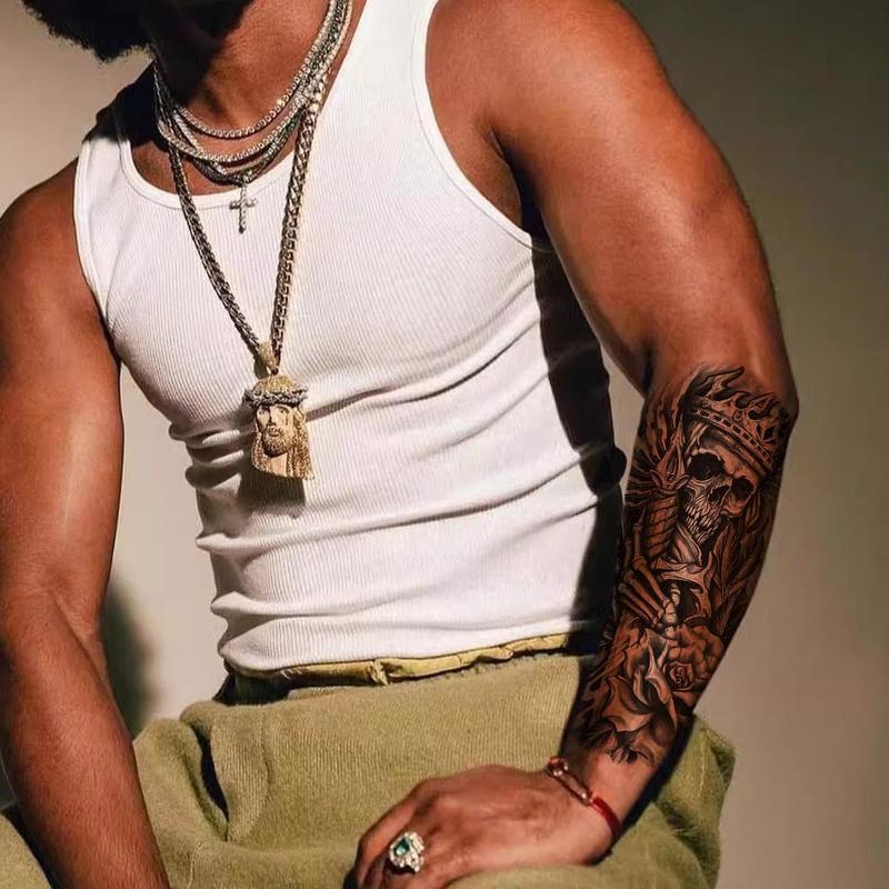 76 Sheets Large-Size Black TemporaryTattoos Stickers,Forearm DesignsFeaturing Tribal Wolf, Tiger, Lion, Owl,Skeleton Skull, Temp Halloween FakeTattoo Stickers, Rose, and Animals Sensitive