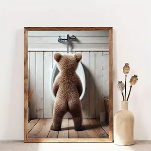 12x16 inch Frameless Poster Board Whimsical Bear Bathroom Canvas wall Art Print - Creative Wild Animal Artwork for Home, Bedroom, Living Room, Hotel, Cafe, Office Restroom - 1 Piece