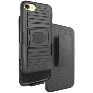 Case with Clip for iPhone SE 3rd Gen 2022, Nakedcellphone Black Rugged Cover [with Finger Grip Stand] + [Mounting Plate] + [Belt Hip Holster] - fits iPhone 8, iPhone 7, iPhone SE 2022/2020