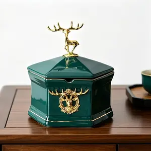 Luxury Green Ceramic Ashtray With Lid & Gold Deer Design