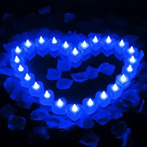 1000 count Artificial Rose Petals with 24 count Flameless Heart Shaped LED Tealights Candles Romantic Night Decorations for Wedding Anniversary Table Decor(Blue)