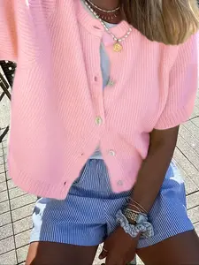 Women's Casual Everyday Short Sleeve Knit Top Fit, Round Neck Plain Color Straight Button Design, Versatile Spring Summer Fall Outerwear