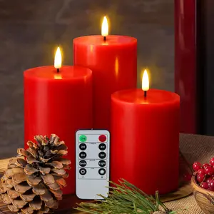 Red Christmas Flameless Pillar Candles with Remote, Flickering  Operated LED Wax Candles Set of 3