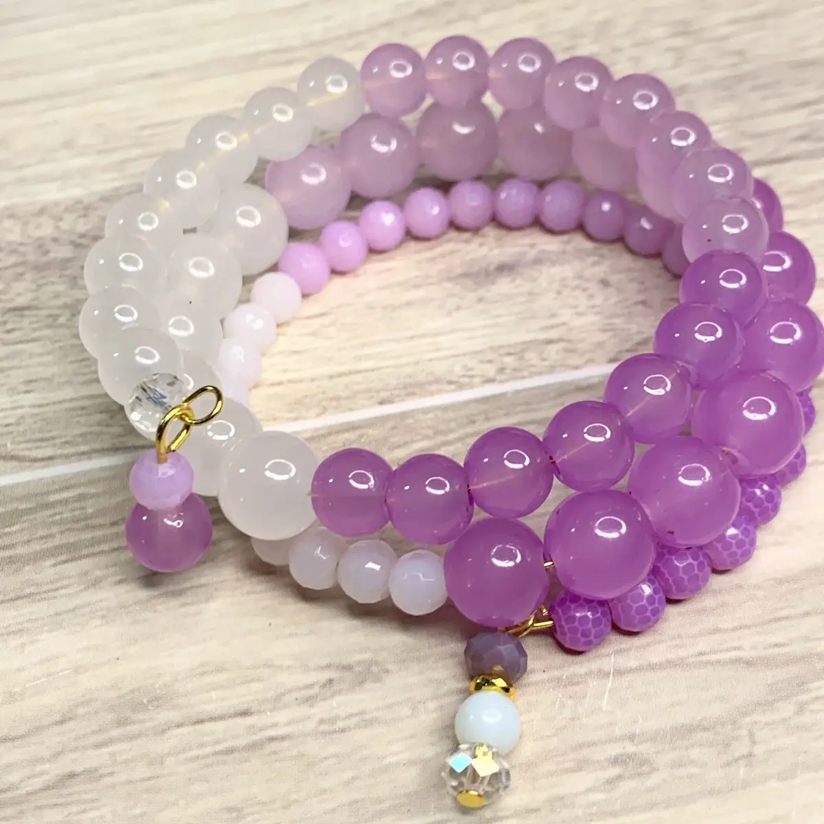 Fading Round Bead Memory Wire Bracelet - Purple Beads with Beads of Various Colors, Includes Decorative Beads and Charm
