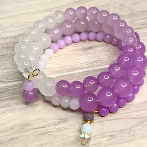 Fading Round Bead Memory Wire Bracelet - Purple Beads with Beads of Various Colors, Includes Decorative Beads and Charm