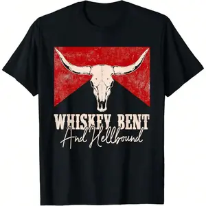 Whiskey Bent And Hellbound Graphic Western Cactus Deserts T-Shirt, Oversized Short Sleeve Classic Heavy Cotton T Shirt Printed Graphic Tee Men Women's Casual Short-Sleeved Top