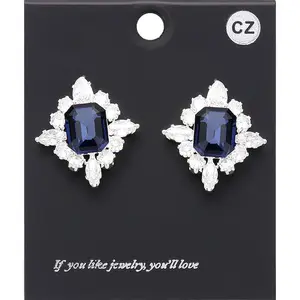 Navy CZ Rectangle Stone Surrounded by Clear Stones Stud Earrings | Interview Earrings |  630257